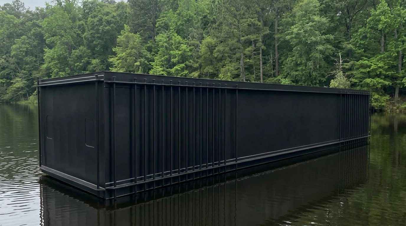 Black Sentinel Back Lake Barge — 8×20×4 flat-deck sectional steel hull with white pin-flange connection pins, sized for trucking without permits