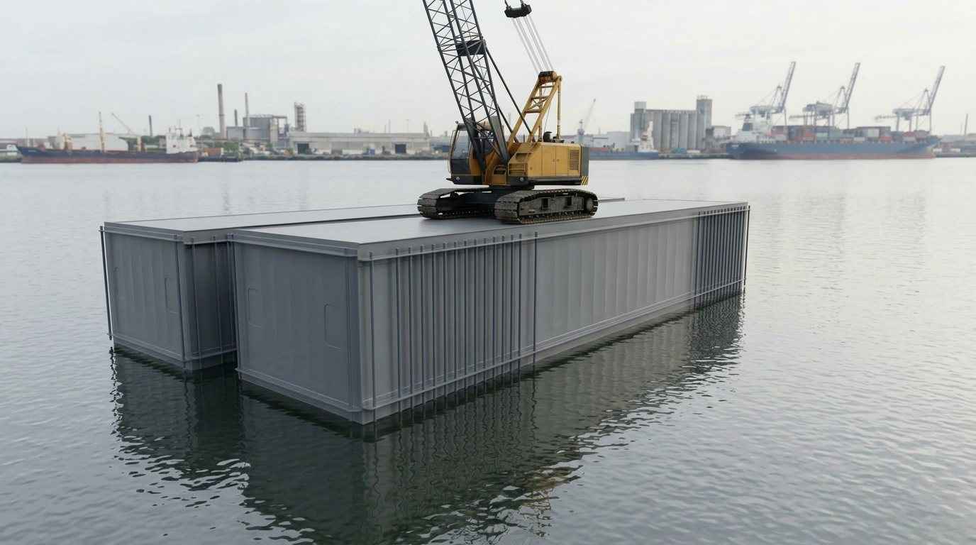 Grey Sentinel Heavy Duty Crane Barge — 10×40×7 flat-deck sectional steel hull with blue pin-flange connection pins