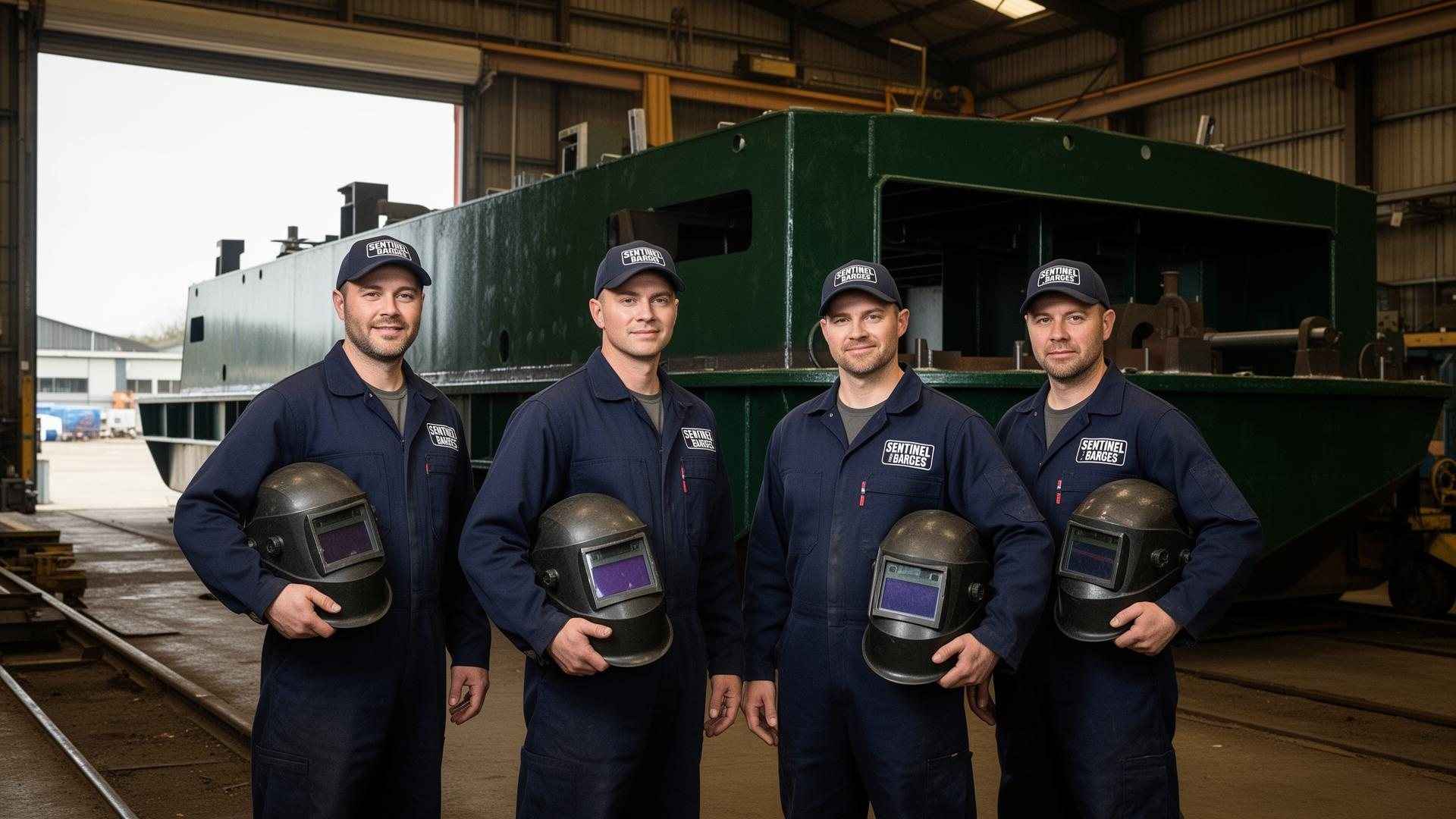 Fabrication crew in front of a finished sectional barge