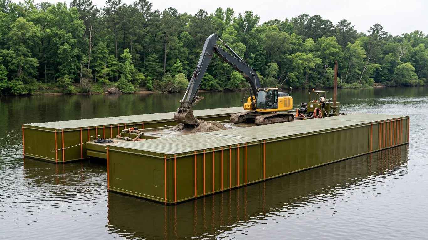 Sentinel flat-deck sectional steel barge with double-head connector pin rods supporting dredging operations
