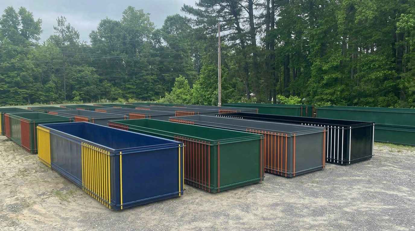 Row of Sentinel flat-deck sectional steel barges in various hull and connector-pin color variants staged in the yard