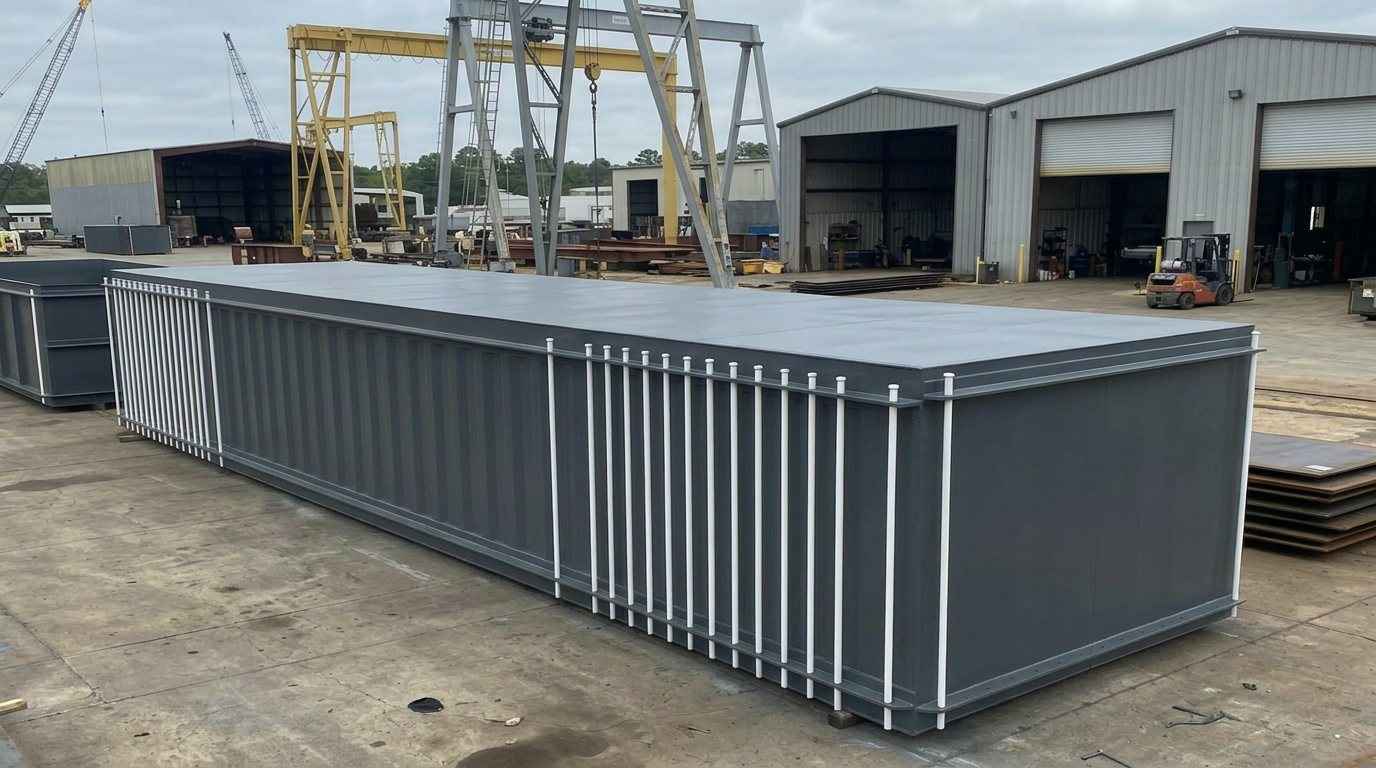 Sectional steel barges in progress on a Canadian fabrication shop floor