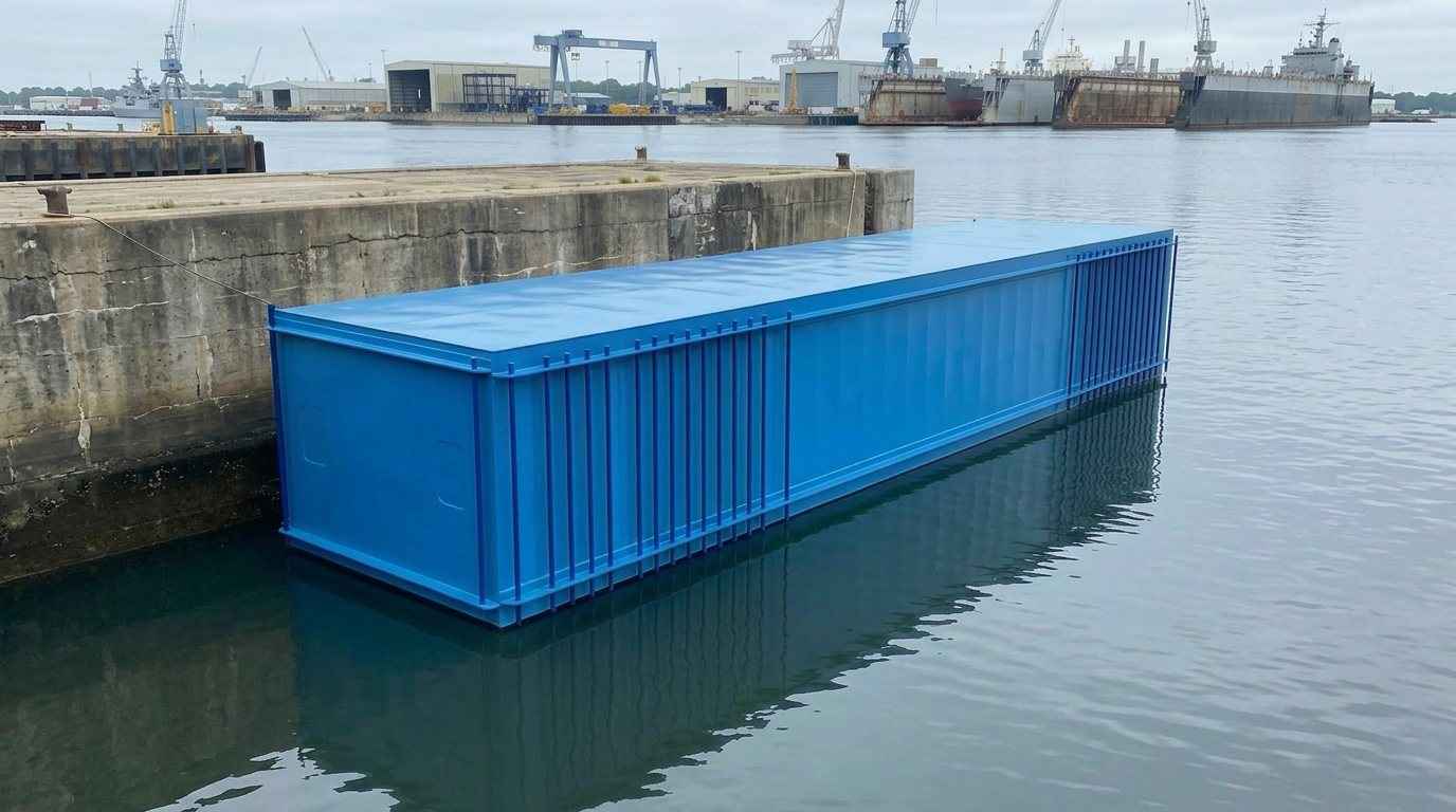 Navy-blue Sentinel Standard sectional steel barge, 10×40 flat-deck hull with yellow pin-flange connection pins